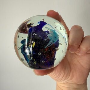 Art Glass Paperweight with Blue and Teal Swirls